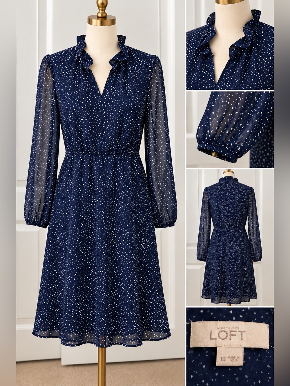 Ann Taylor LOFT Black White Speckled Chiffon Dress Size 10 Ruffle Nec